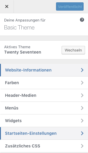 Bild des Customizerfensters im Rahmen von WordPress.