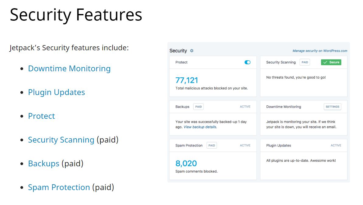 Screenshot der englischen Webseite mit einem Überblick der Sicherheitsfeatures des WordPress Plugins Jetpack.