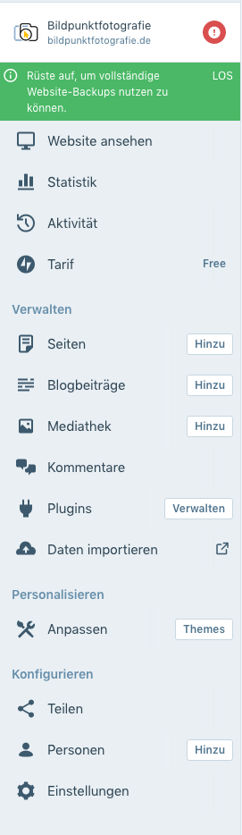 Screenshot des Dashboards einer Webseite unter wordpress.com mit der Darstellung der einzelnen Funktionen der WordPress Seite, wie z. B. Seiten, Blogbeiträge