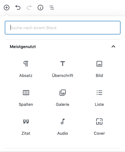 Übersicht (Screenshot) der derzeit als meistgenutzt angezeigten Optionen des Gutenberg Editors