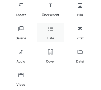 Screenshot der Auswahlmaske der Allgemeinen Blöcke des Gutenberg Editors