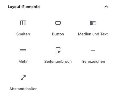 Screenshot der Auswahlmaske der Layoutelemente des Gutenberg Editors