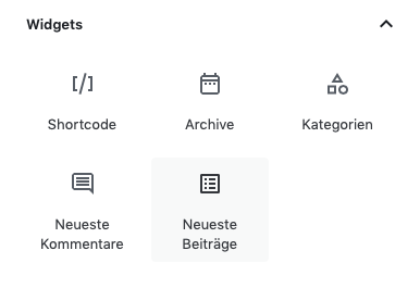 Screenshot der Auswahlmaske der Widgets des Gutenberg Editors