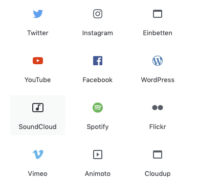 Screenshot der Auswahlmaske Einbettungsoptionen des Gutenberg Editors