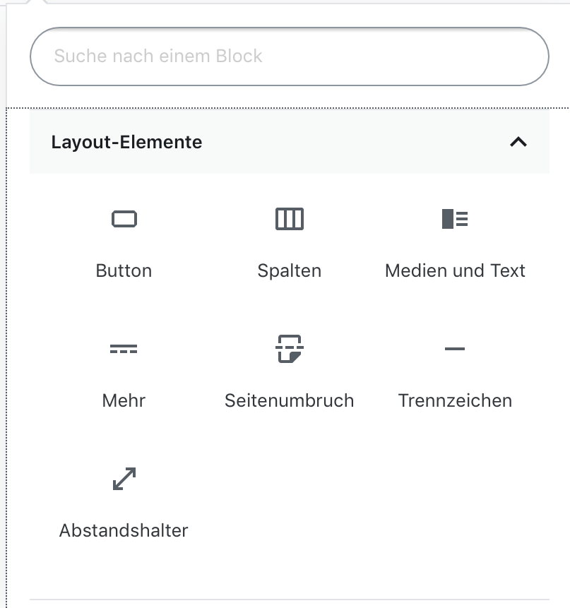 Screenshot der Layout Elemente des neuen Gutenberg Editors