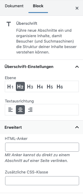 Screenshot des ganz rechts im Editor auswählbaren Formatierungsbereiches. In diesem Beispiel für eine Überschrift.
